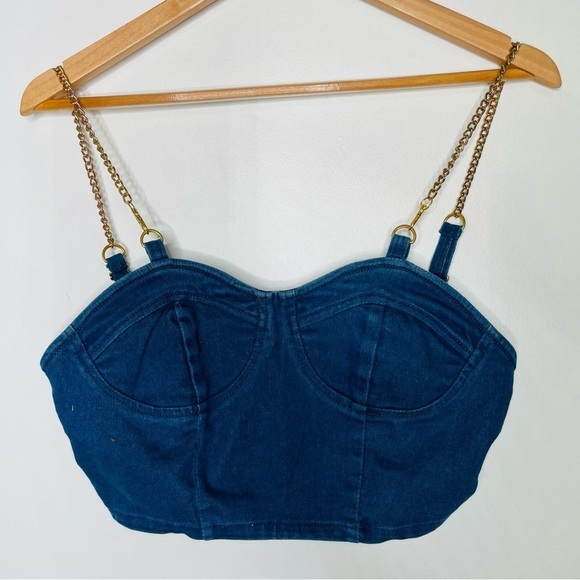 💫 Denim Bustier Gold Chain Crop Top Jean Bralette - Picture 1 of 7